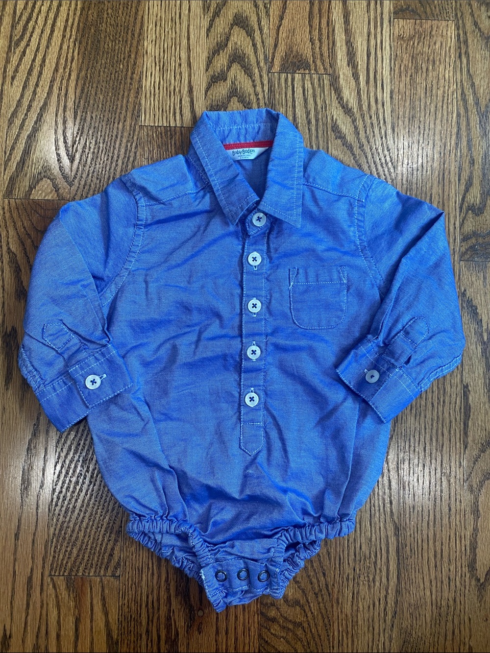 Baby Boden blue poplin Oxford button down onesie, size 6-12 months. Like new